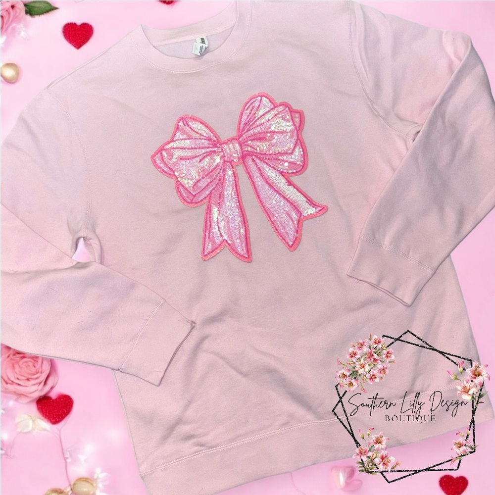 Pink Sequin Bow Pullover Sweatshirt